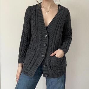 charcoal grey cable knit cardigan with button front and pockets